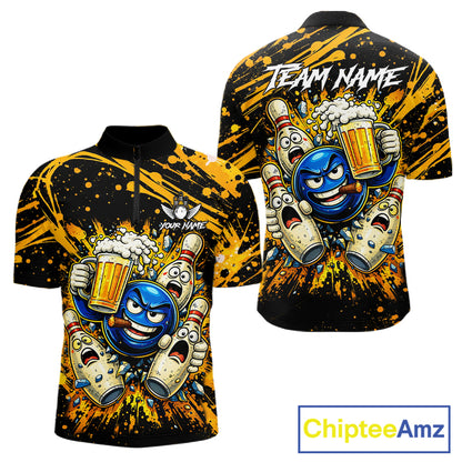 Black and Yellow Funny Bowling and Beer Custom Bowling Shirts For Men, Bowling Team League jerseys NQS11587