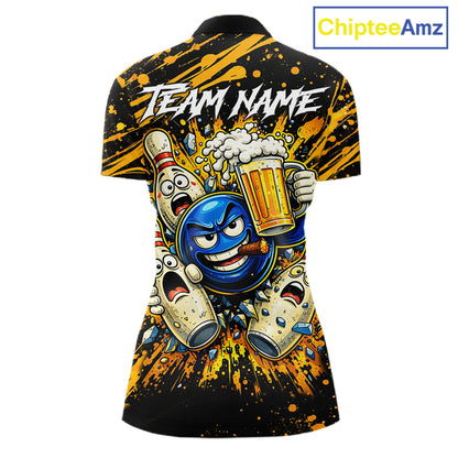 Black and Yellow Funny Bowling and Beer Custom Bowling Shirts For Women, Bowling Team League jerseys NQS11587