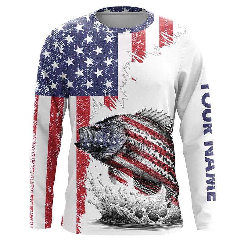 American flag Crappie patriotic fishing Custom name Crappie tournament long sleeves fishing shirts NQS5865