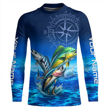 Load image into Gallery viewer, Personalized Mahi Mahi, Wahoo, Tuna Blue Performance Fishing Shirt, compass offshore tournament Shirts NQS5866