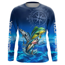 Load image into Gallery viewer, Personalized Mahi Mahi, Wahoo, Tuna Blue Performance Fishing Shirt, compass offshore tournament Shirts NQS5866