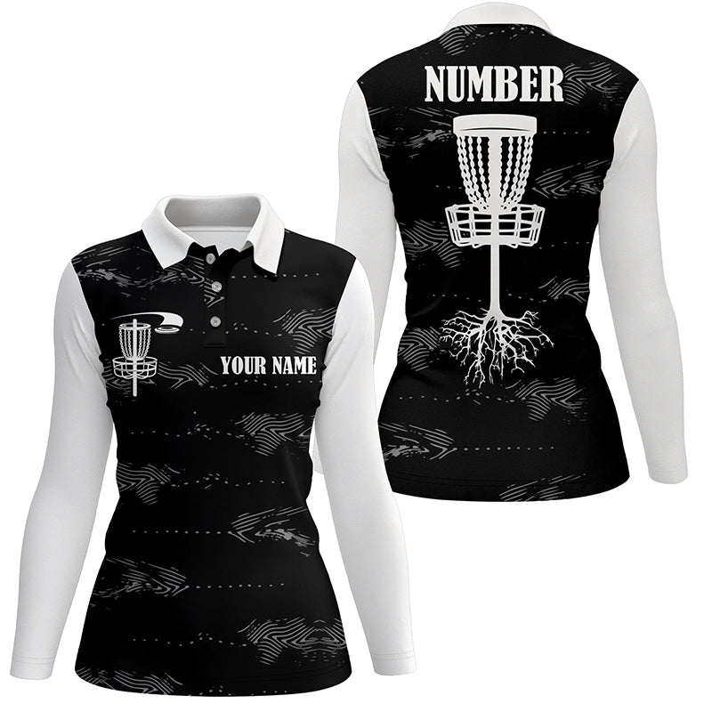 Black and white Womens disc golf polo shirt custom disc golf basket, personalized disc golf gifts NQS5856