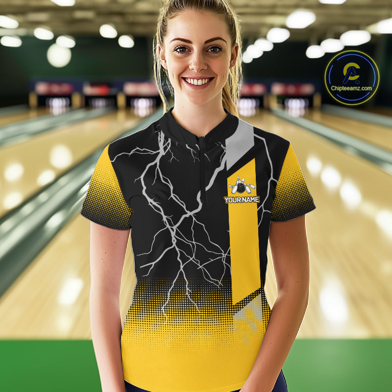 Personalized black & yellow bowling shirt for women lightning thunder custom bowling gifts for ladies NQS11377