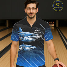 Load image into Gallery viewer, Black and blue shark bowling hawaiian shirt custom lightning thunder bowling button up shirt NQS11378