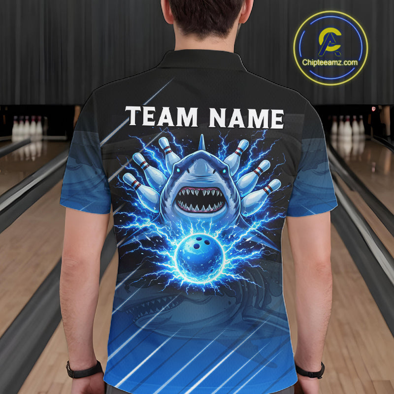 Black and blue shark bowling shirt for men custom lightning thunder bowling polo, quarter zip shirts NQS11378