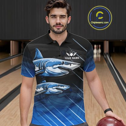 Black and blue shark bowling shirt for men custom lightning thunder bowling polo, quarter zip shirts NQS11378