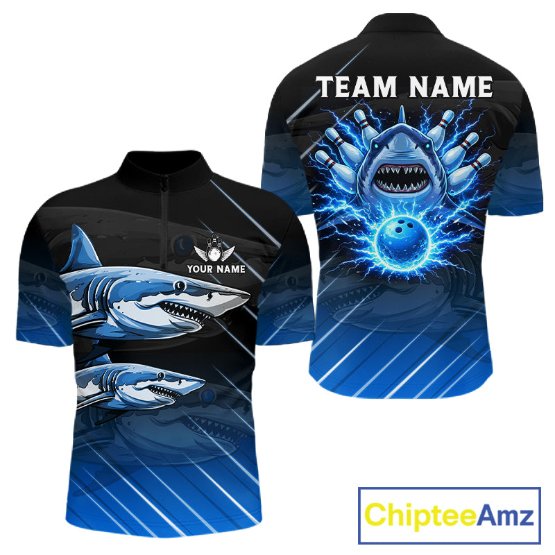 Black and blue shark bowling shirt for men custom lightning thunder bowling polo, quarter zip shirts NQS11378