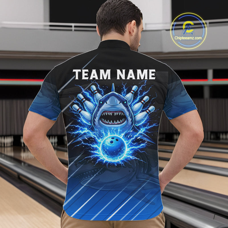 Black and blue shark bowling shirt for men custom lightning thunder bowling polo, quarter zip shirts NQS11378