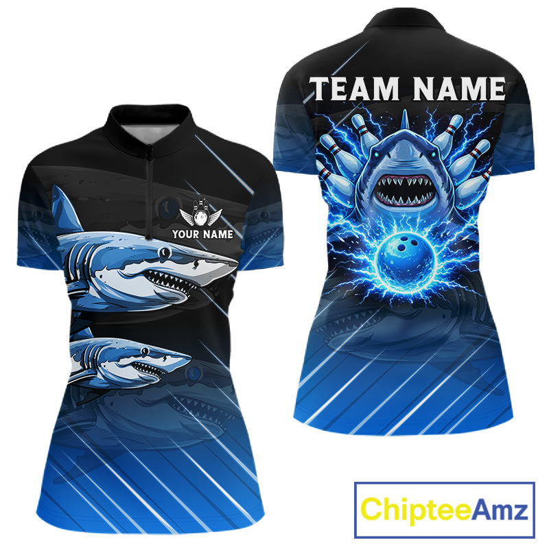 Black and blue shark bowling shirt for women custom lightning thunder bowling polo, quarter zip shirt NQS11378