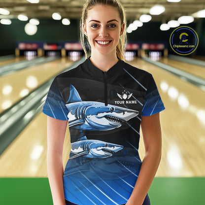 Black and blue shark bowling shirt for women custom lightning thunder bowling polo, quarter zip shirt NQS11378
