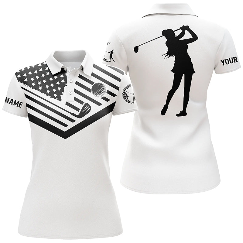 Womens golf polo shirt black American flag custom name patriotic white golf shirt NQS3546