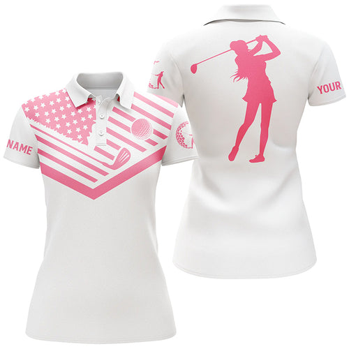 Womens golf polo shirt pink American flag custom name white golf shirt NQS3547