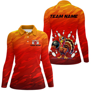 Custom Funny Turkey Bowling Shirts For Women, Orange Camo Thanksgiving Bowling Shirt Team Uniform NQS8631