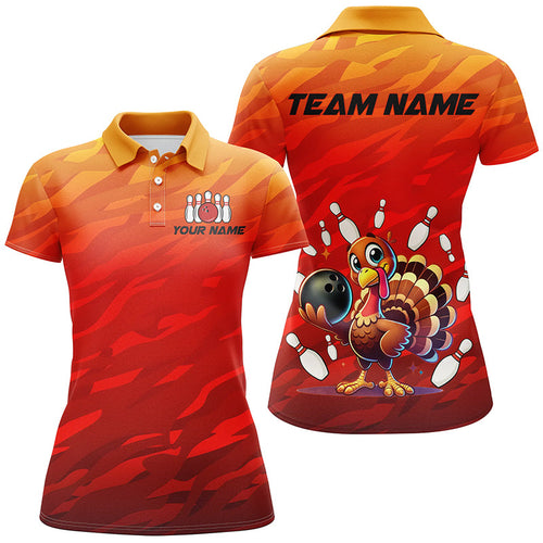 Custom Funny Turkey Bowling Shirts For Women, Orange Camo Thanksgiving Bowling Shirt Team Uniform NQS8631