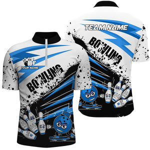 Funny black and white Bowling Polo, Quarter Zip Shirt for Men Custom Team Bowling jerseys | Blue NQS8864