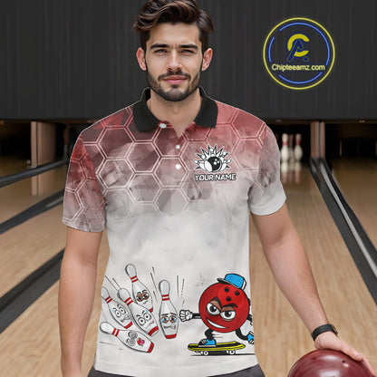 Funny Bowling Polo Shirts For Men, 1/4 zip shirts Custom Bowling Team Jerseys Gift For Bowler | Red NQS11388