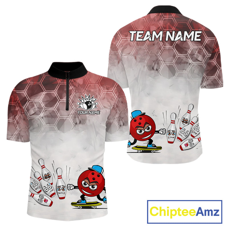 Funny Bowling Polo Shirts For Men, 1/4 zip shirts Custom Bowling Team Jerseys Gift For Bowler | Red NQS11388