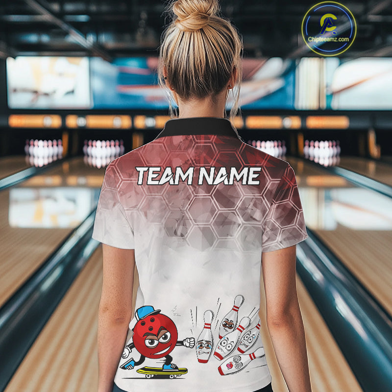 Funny Bowling Polo Shirts For Women, 1/4 zip shirts Custom Bowling Team Jerseys Gift For Bowler | Red NQS11388