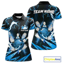 Load image into Gallery viewer, Blue Thunder Lightning bowling ball and pins jersey Custom Team Bowling Polo, 1/4 Zip Shirts For Women NQS9831