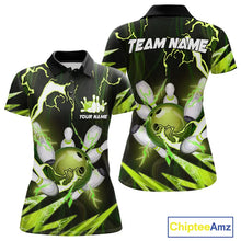 Load image into Gallery viewer, Green Thunder Lightning bowling ball and pins jersey Custom Team Bowling Polo, 1/4 Zip Shirt For Women NQS9832