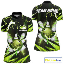 Load image into Gallery viewer, Green Thunder Lightning bowling ball and pins jersey Custom Team Bowling Polo, 1/4 Zip Shirt For Women NQS9832