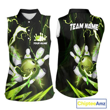 Load image into Gallery viewer, Green Thunder Lightning bowling ball and pins jersey Custom Team Bowling Sleeveless Polo Shirt NQS9832