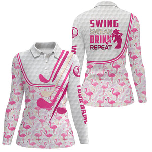 Personalized pink flamingo pattern golf clubs polo shirt for women custom swing, swear, drink, repeat NQS7757