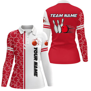 Women Bowling Polo, 1/4 Zip Shirt Custom white & red camo vintage bowling shirt, ladies bowling jersey NQS8177