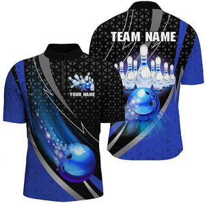 Black and Blue Bowling Camo Polo, 1/4 Zip Shirt for Men Custom Team Bowling jerseys, Bowler Outfit NQS8873