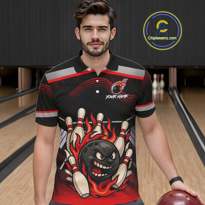 Black and Red Flame Funny Bowling Ball and Pins Bowling shirts for men custom team bowling outfits NQS10985