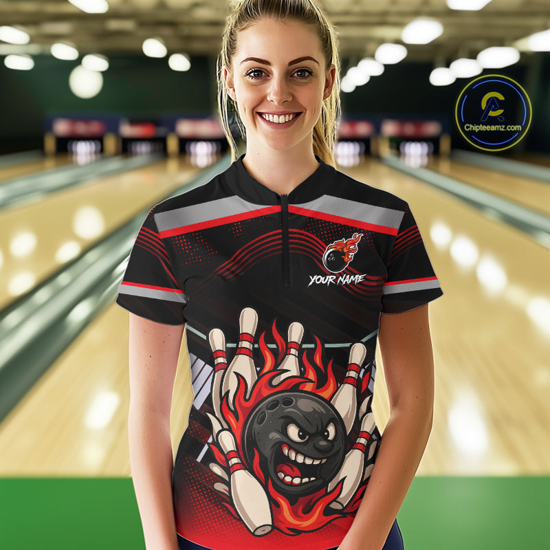 Black and Red Flame Funny Bowling Ball and Pins Bowling shirts for Women custom team bowling outfits NQS10985