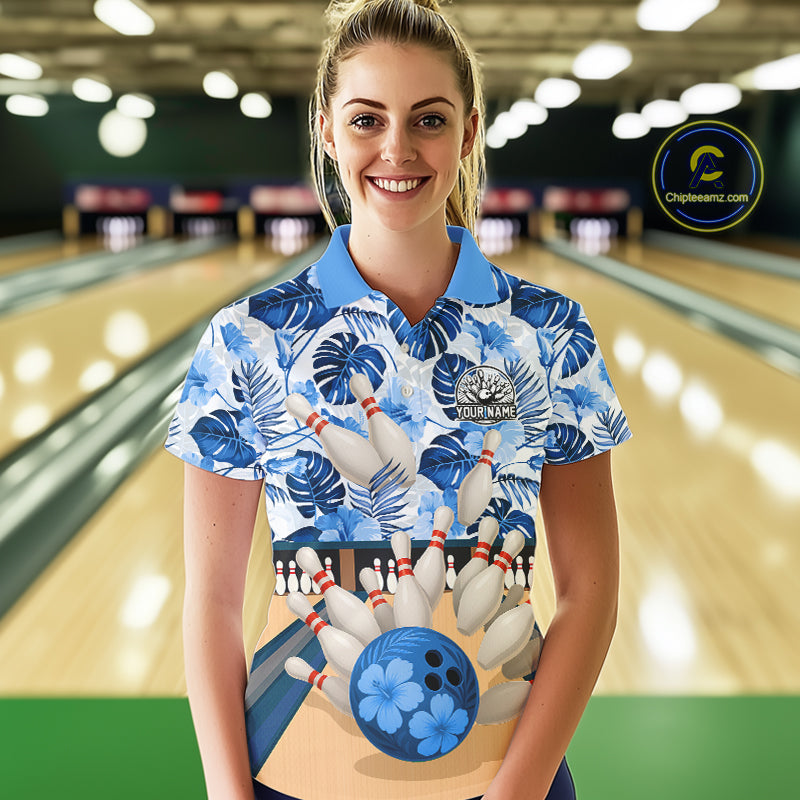 Blue tropical flower Bowling Polo, Quarter Zip Shirts For Women Custom bowling team jersey NQS10988