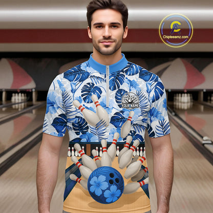 Blue tropical flower Bowling Polo, Quarter Zip Shirts For Men Custom bowling team jersey NQS10988