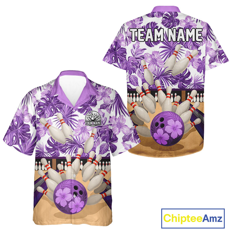 Purple tropical flower Bowling Hawaiian Shirt Custom button up bowling team shirt NQS10989