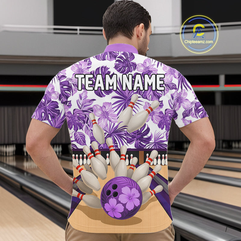 Purple tropical flower Bowling Polo, Quarter Zip Shirts For Men Custom bowling team jersey NQS10989
