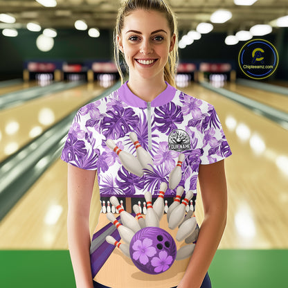 Purple tropical flower Bowling Polo, Quarter Zip Shirts For Women Custom bowling team jersey NQS10989
