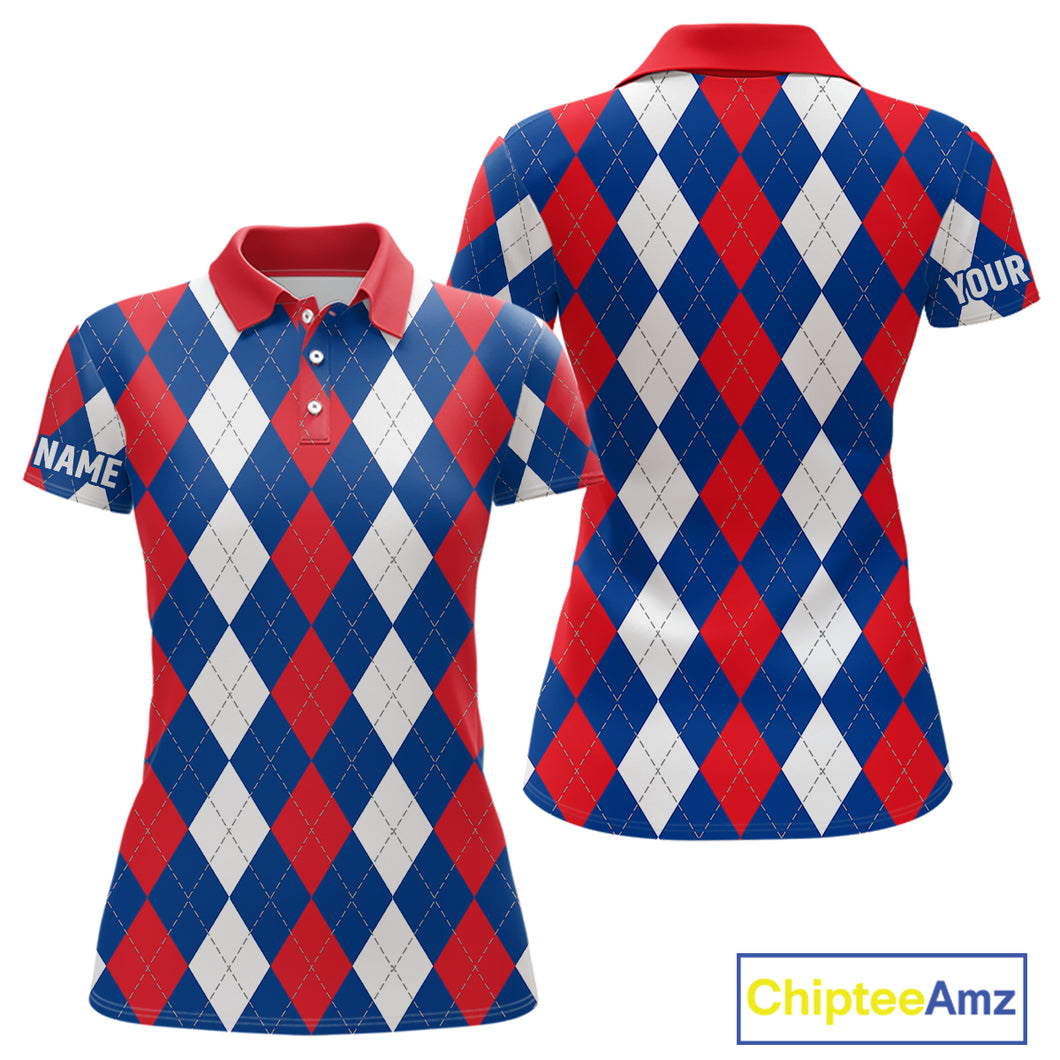 Women golf polo shirt custom red, white and blue argyle plaid pattern golf attire for ladies NQS9847