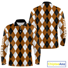 Load image into Gallery viewer, Mens golf polo shirt custom brown argyle plaid pattern golf attire for men NQS9848