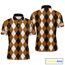 Load image into Gallery viewer, Mens golf polo shirt custom brown argyle plaid pattern golf attire for men NQS9848