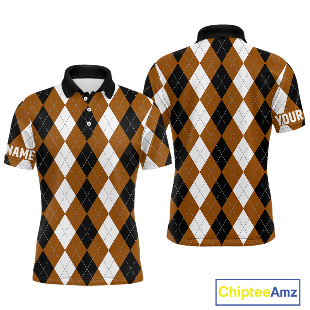 Mens golf polo shirt custom brown argyle plaid pattern golf attire for men NQS9848