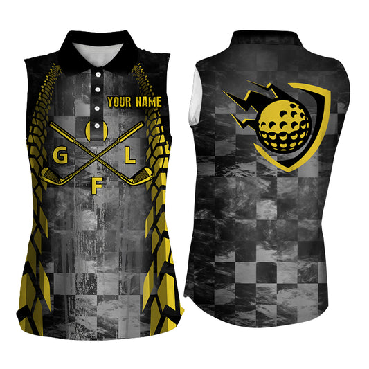 Womens sleeveless polo shirt custom name black racing yellow pattern golf clubs golf outfit for women NQS6095