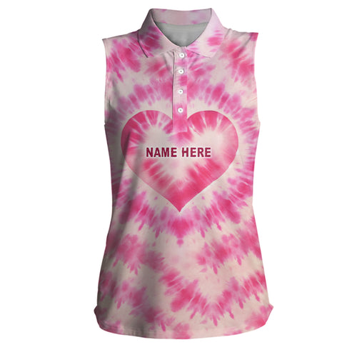 Women sleeveless polo shirt custom pink heart tie dye pattern golf shirt, ladies golf tops NQS7030