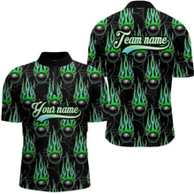 Load image into Gallery viewer, Black Bowling Ball Camo Green Flame Bowling Polo, 1/4 Zip Shirt for Men Custom Bowling Team Jersey NQS9479