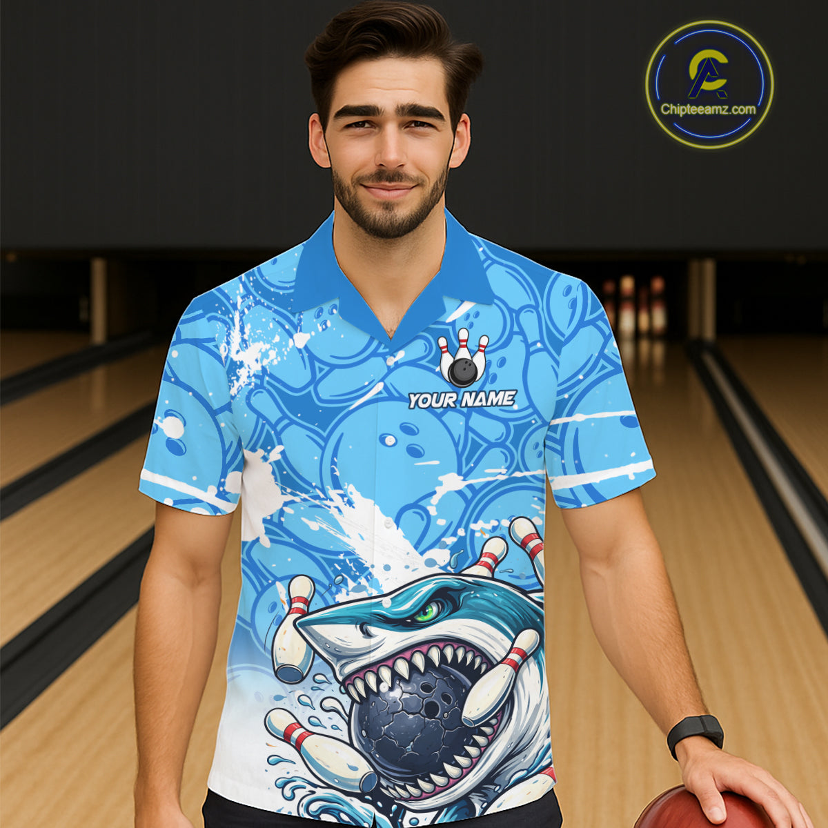 Blue Bowling Camo Angry Shark Bowling Button-up Shirts Custom Shark Team Hawaiian Bowling Jersey NQS11605