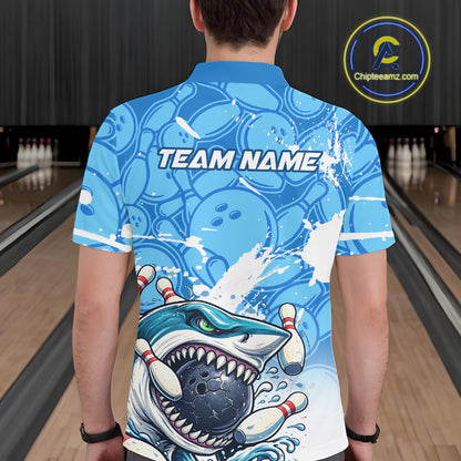 Blue Bowling Camo Angry Shark Bowling Polo, 1/4 Zip Shirts for Men Custom Shark Team Bowling Jerseys NQS11605