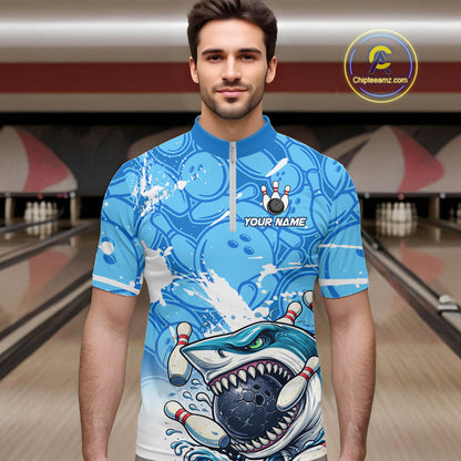 Blue Bowling Camo Angry Shark Bowling Polo, 1/4 Zip Shirts for Men Custom Shark Team Bowling Jerseys NQS11605