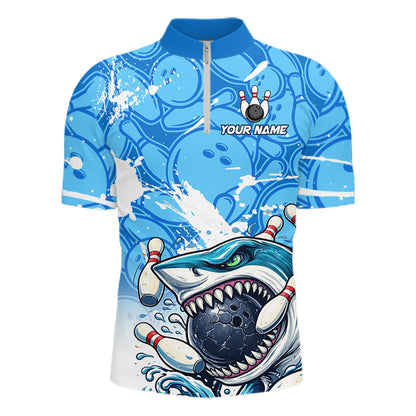 Blue Bowling Camo Angry Shark Bowling Polo, 1/4 Zip Shirts for Men Custom Shark Team Bowling Jerseys NQS11605