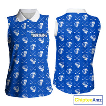 Load image into Gallery viewer, Blue and white golf pattern Women sleeveless polo shirt custom golf beer outfit ladies golf clothes NQS9856