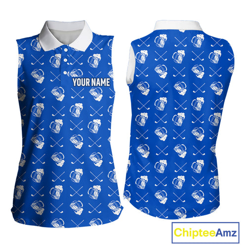Blue and white golf pattern Women sleeveless polo shirt custom golf beer outfit ladies golf clothes NQS9856