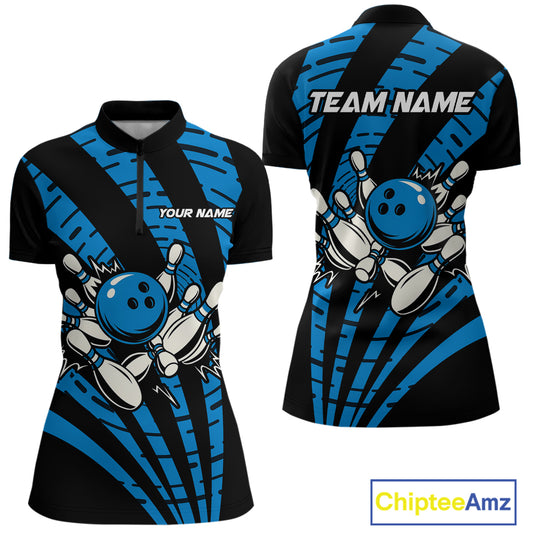 Custom Black and Blue camo Bowling Polo, Quarter Zip Shirt For Women Custom Team bowling jerseys NQS10608